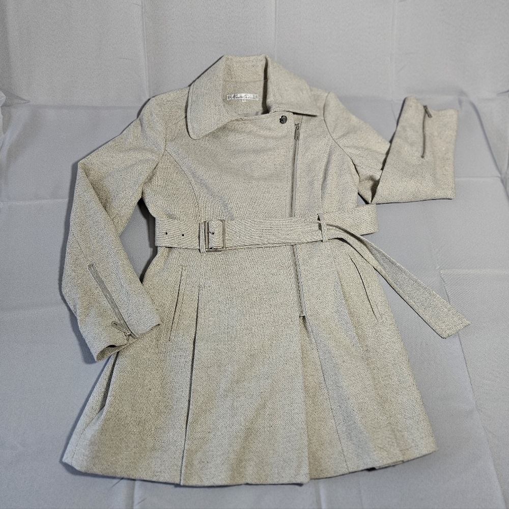 Kenneth Cole Trench Quiet Luxery Cream Belted Mid Length Classic Coat NWOT Lg